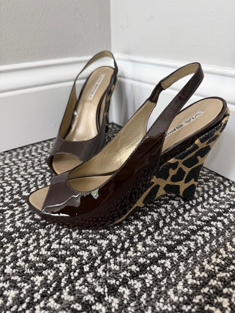 Via Spiga Dark Brown Patent Leather Slingback Wedges with Leopard-Print Heel